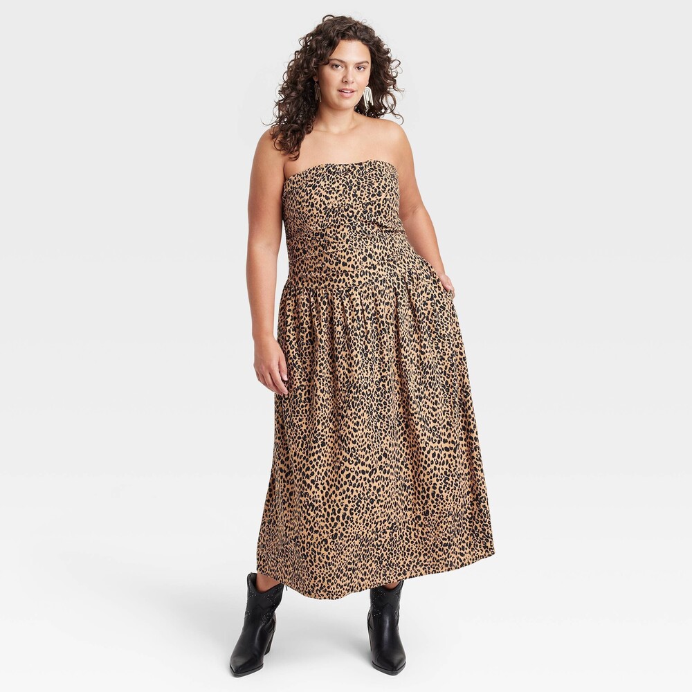 Ruched Maxi A-Line Dress - Black/Brown Leopard XXL